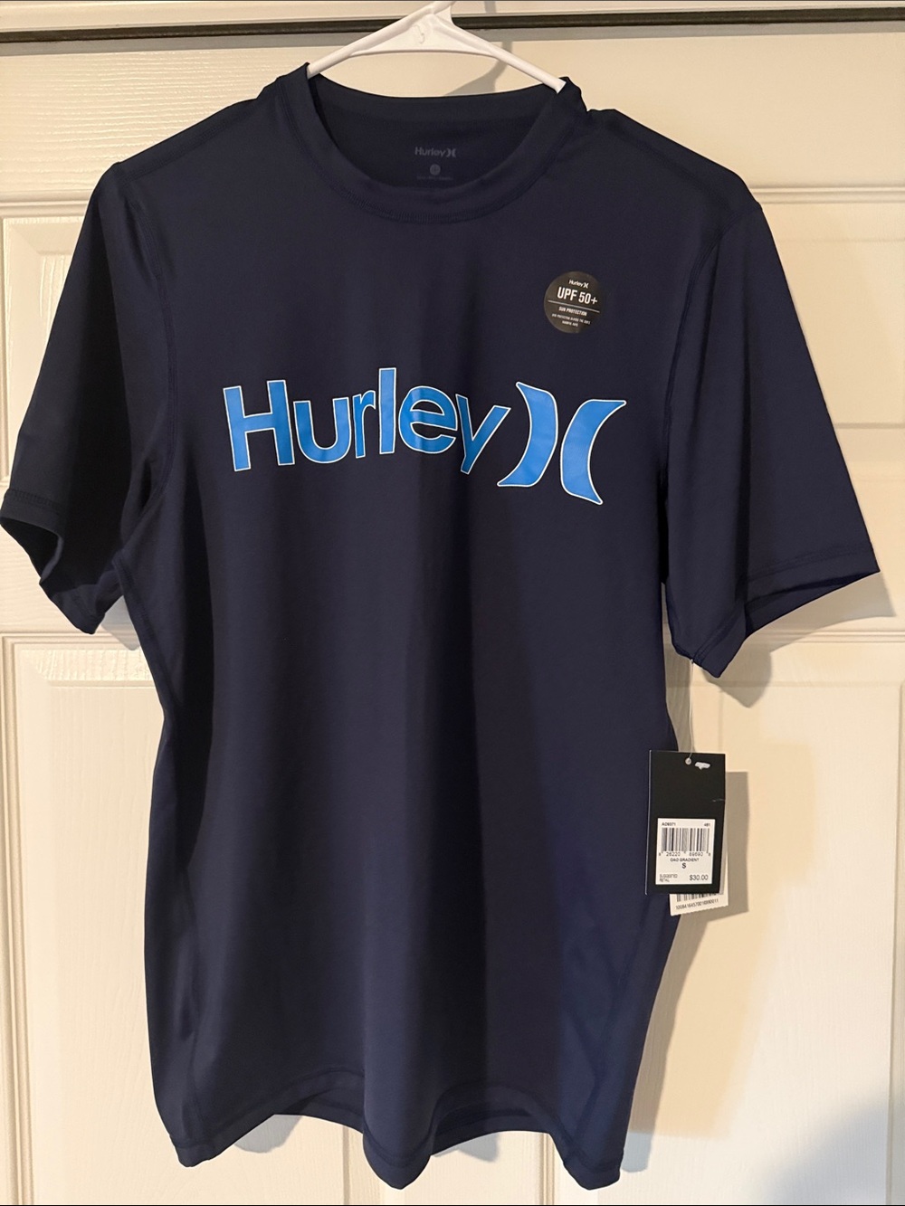Hurley Navy Short Sleeve Logo Shirt with Bright Blue Graphic spf 50